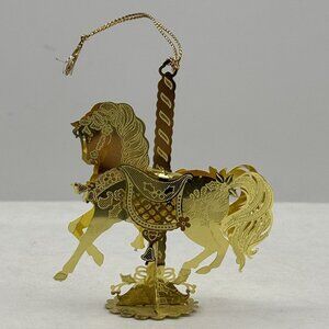 Vintage Gold-Tone Carousel Horse Ornament Intricate Detailing 3D Metal 3.5"